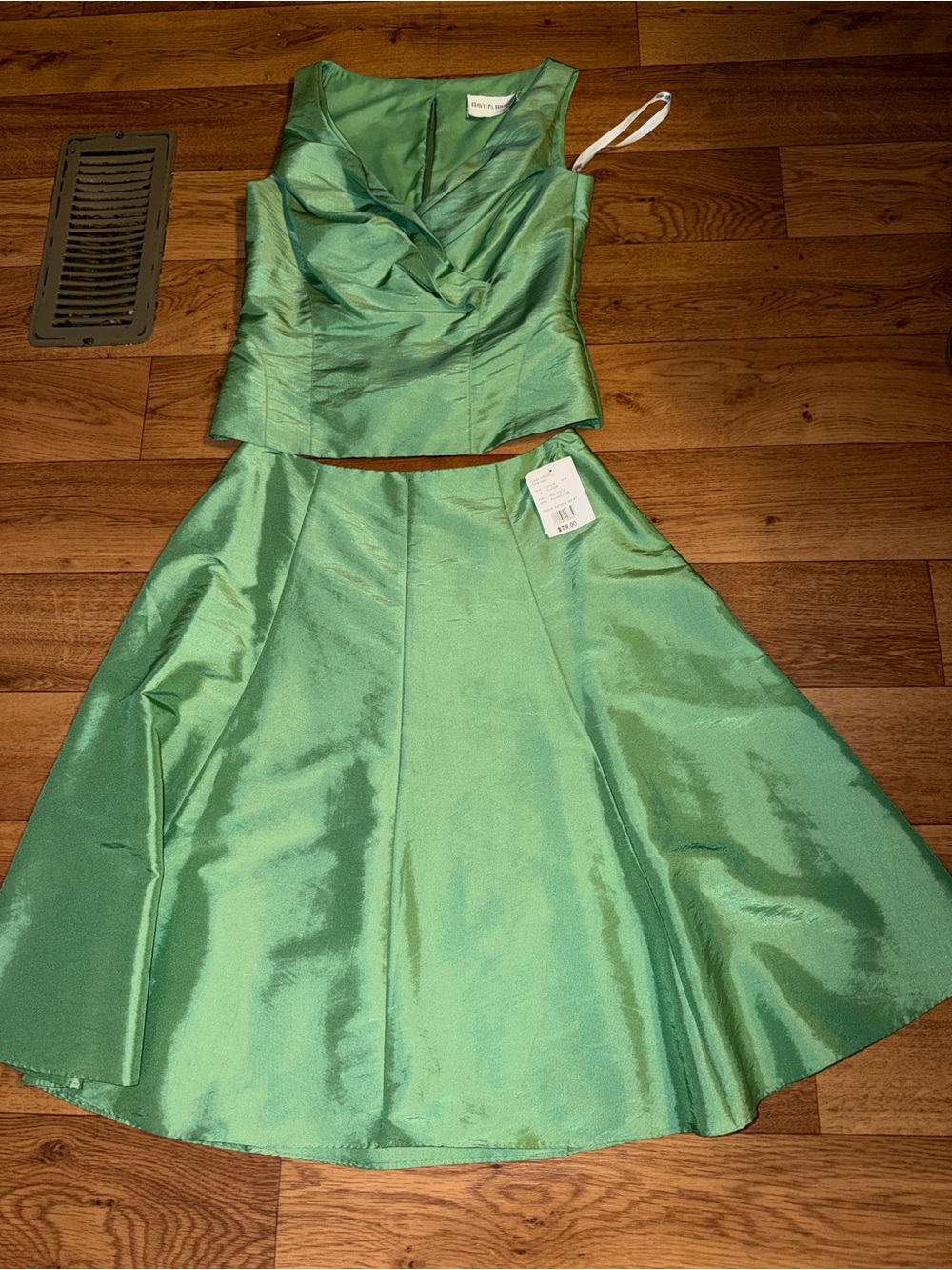Green Satin Two-Piece Crop Top and Skirt Set